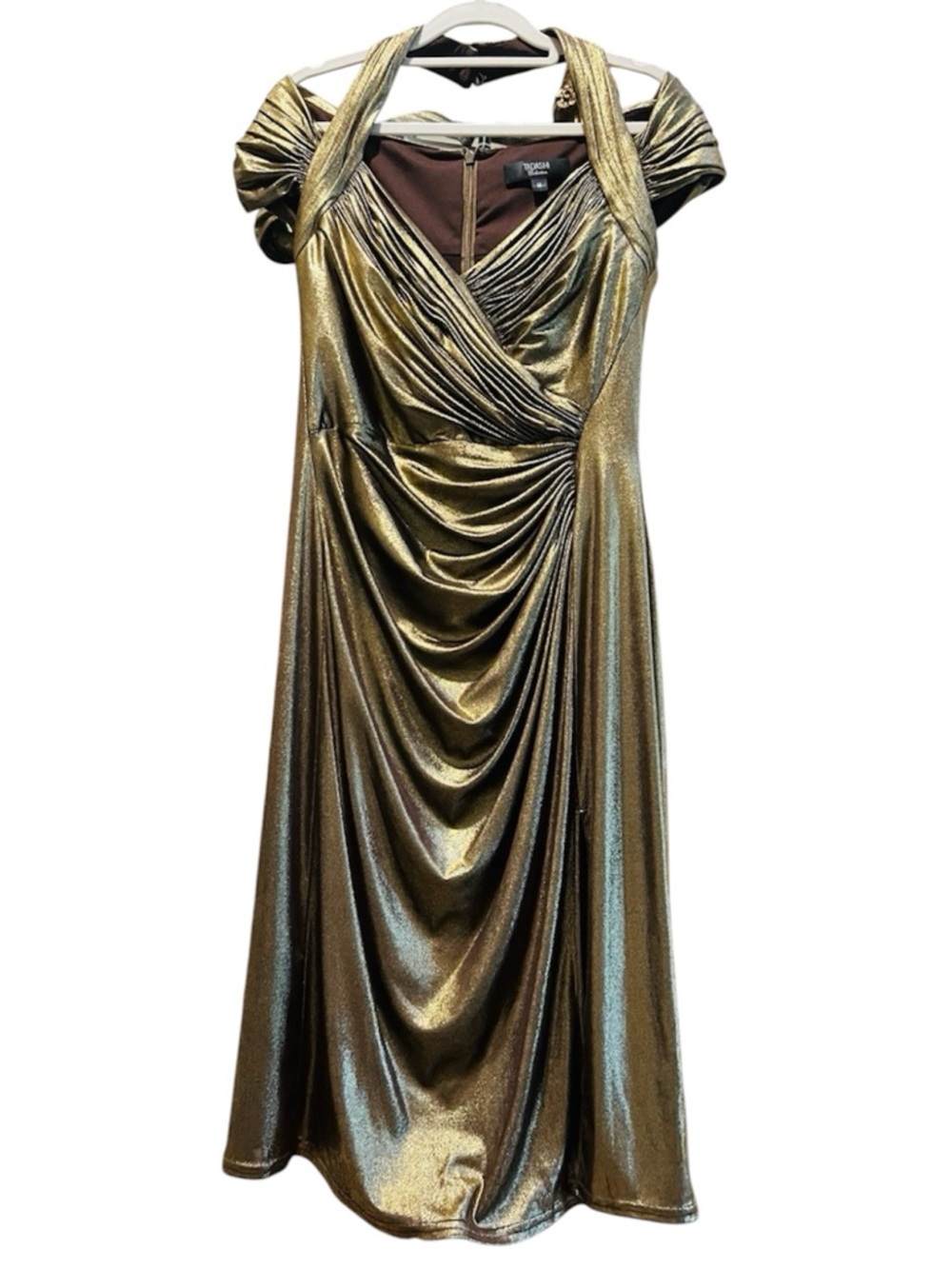 Tadashi Metallic Gold Draped Evening Dress - Women